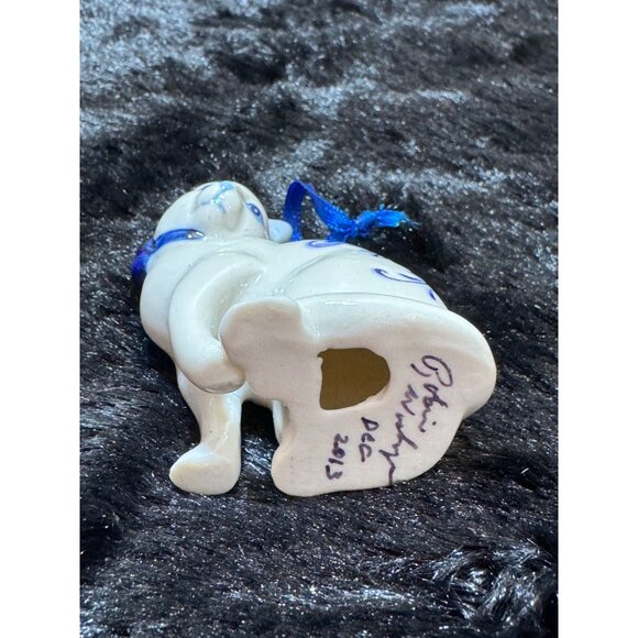 Ceramic Cat Figurine Ornament With Blue Floral Design & Ribbon - Picture 5 of 7